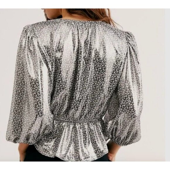 Free People XS Talk That Talk Metallic Silver Floral Puff Sleeve Ruffle Top - Picture 3 of 15